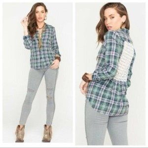 White Crow Zelda Plaid Shirt Small Green White Womens Long Sleeve Button Front